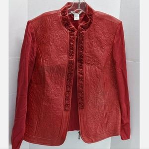 Nygard Red Leather Jacket Blazer, w/Size XL, 18-20, Rose details, full zip